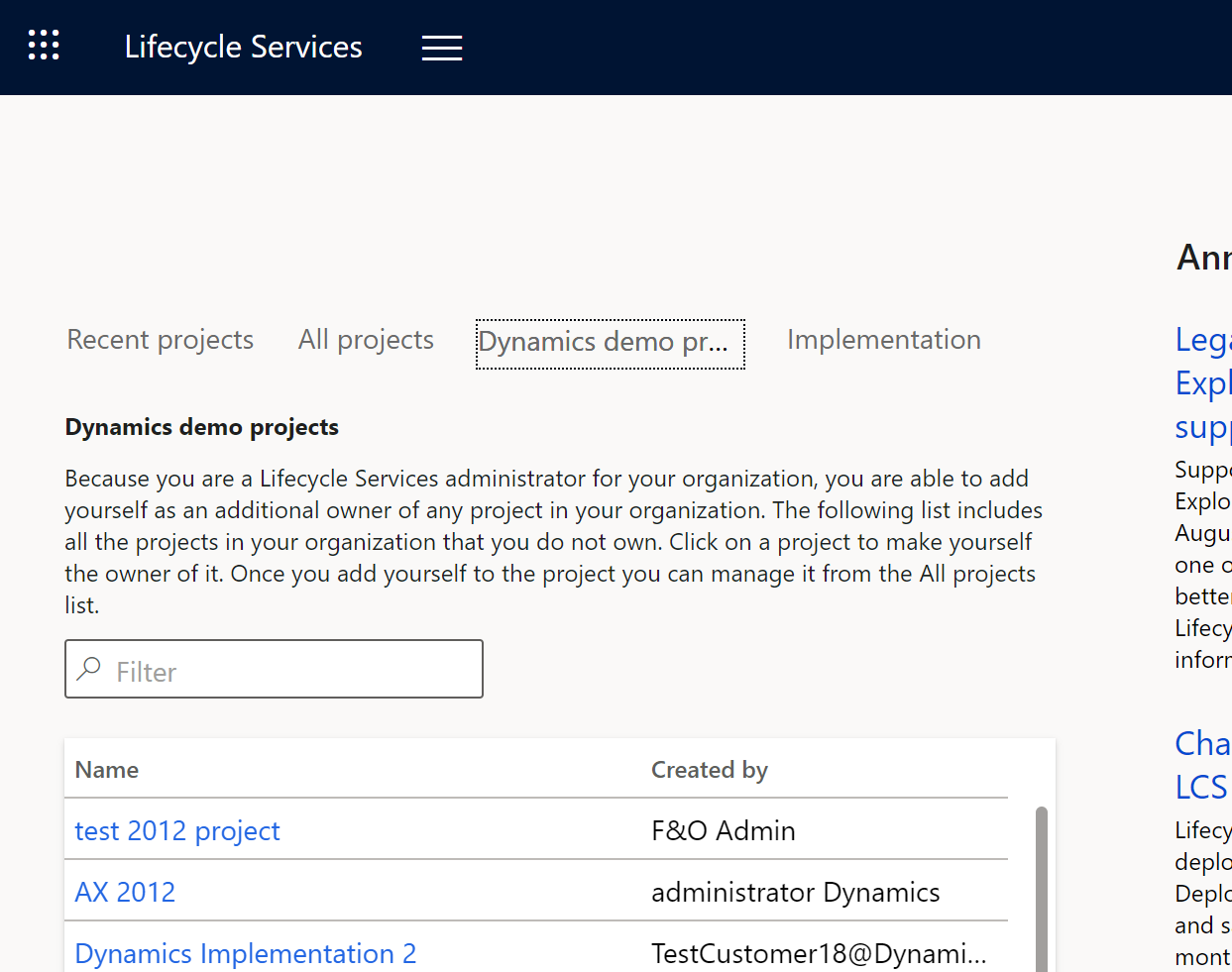 Message in Lifecycle Services that states that organization admins can add themselves to any project.