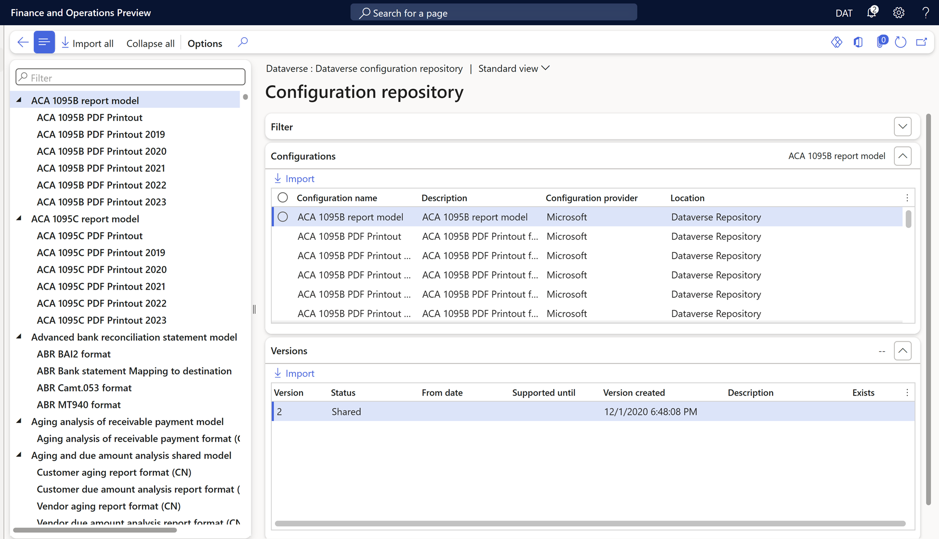 Skærmbillede af siden Configuration Repository, hvor der vælges en version af en konfiguration til import.