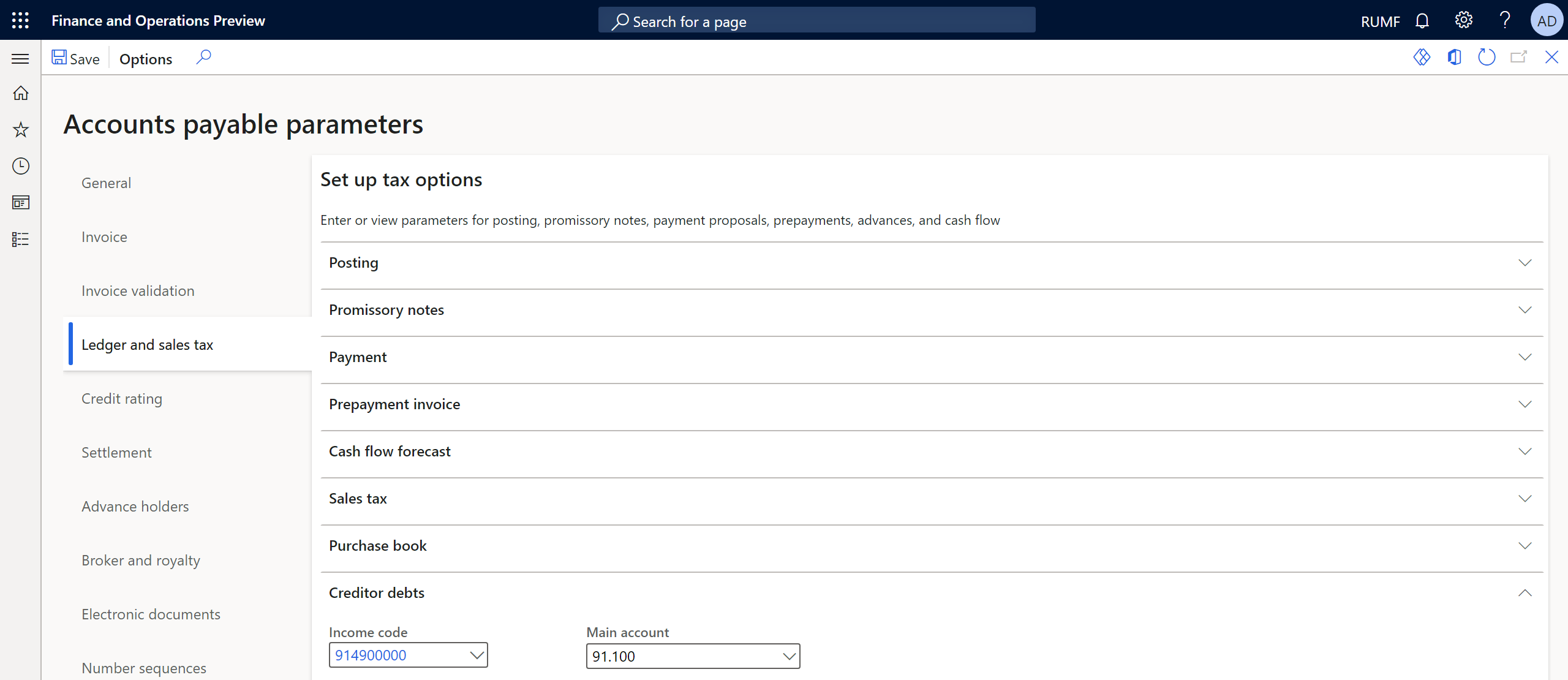 Accounts payable parameters, Ledger and sales tax tab.