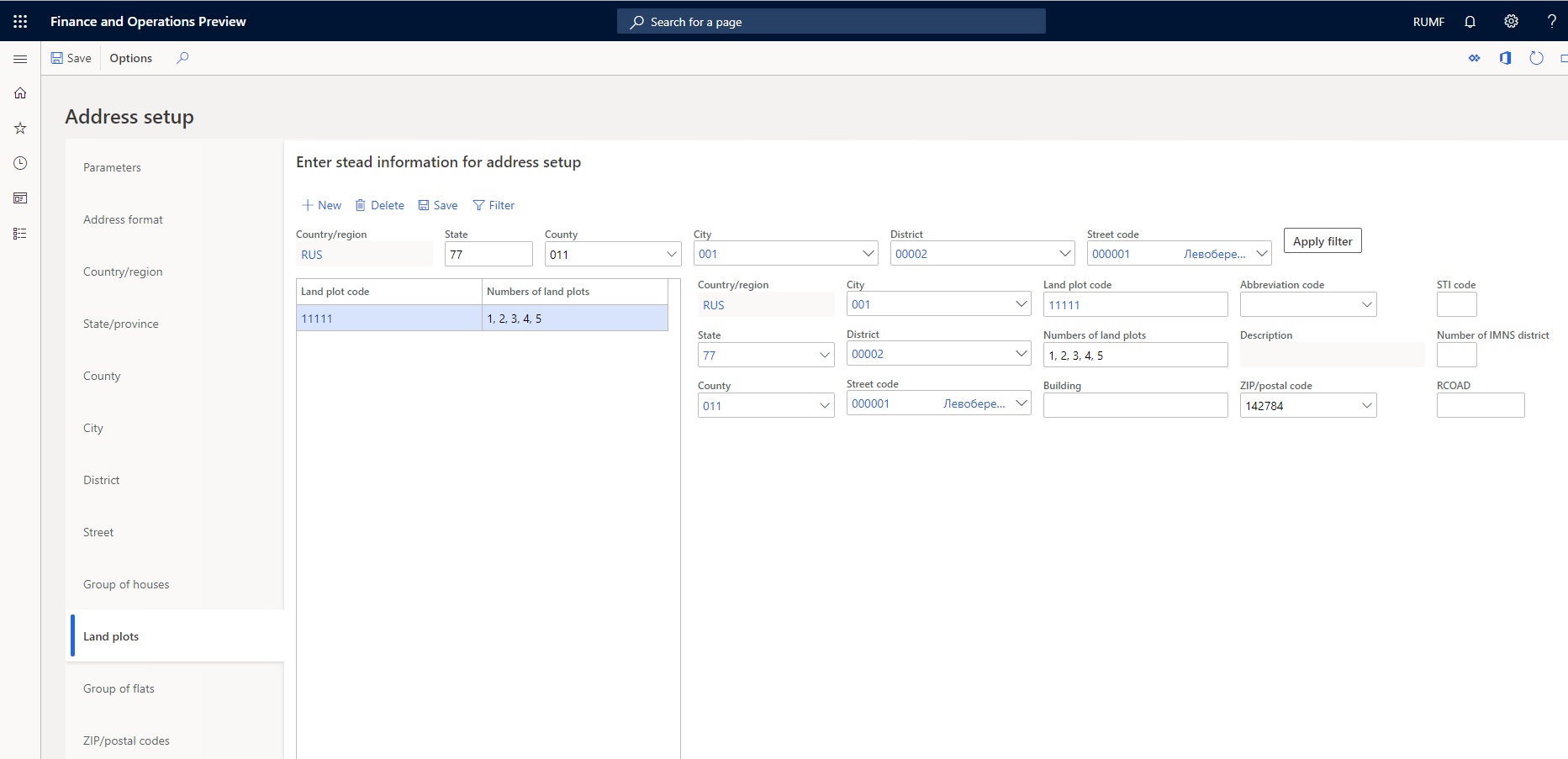 Address setup page Land plots tab.