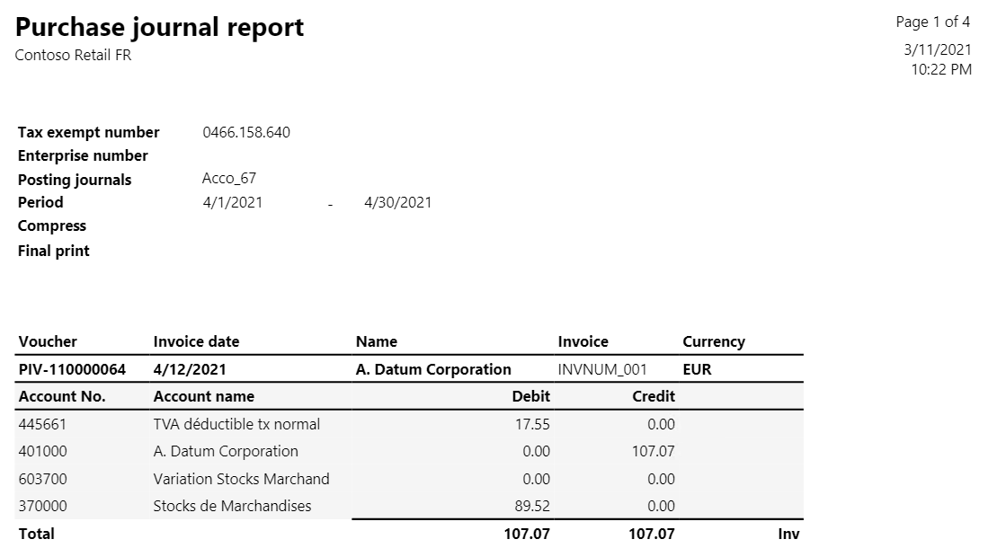 Purchase journal report page 1.