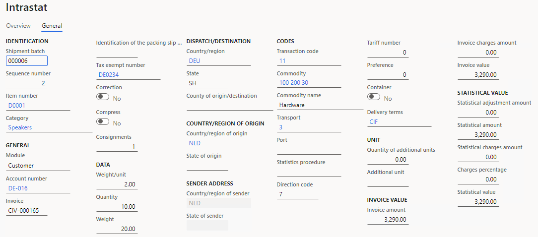 Sales order details on the General tab of the Intrastat page.