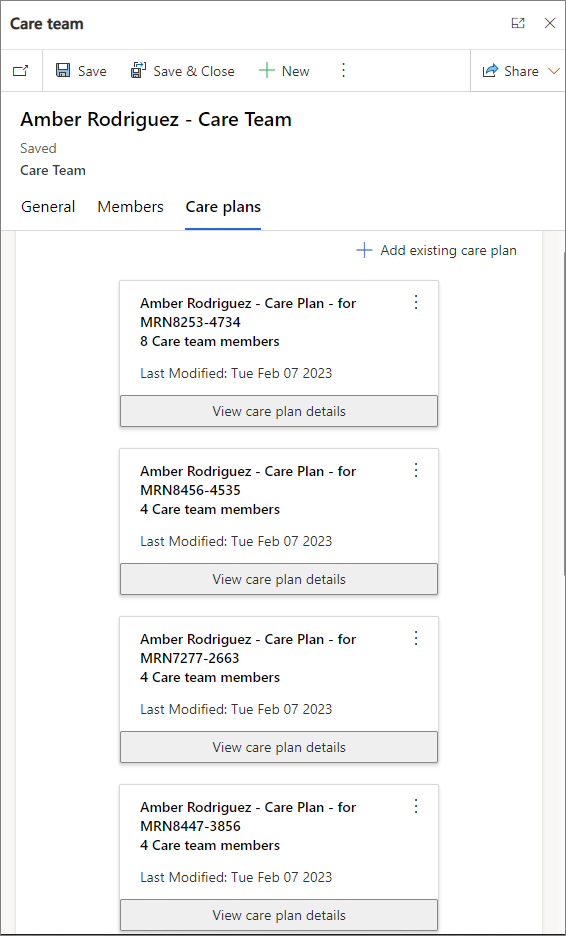 Et skærmbillede, der viser oplysninger om plejeplan for et eksempel på et plejeteam.