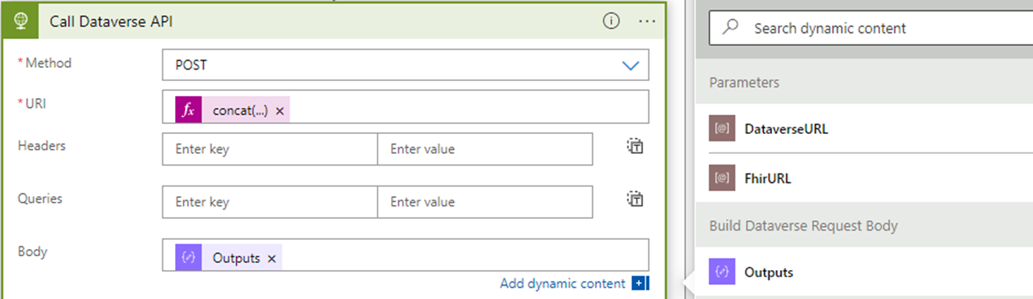 Et skærmbillede, der viser opkalds-Dataverse API-handlingens brødtekst.