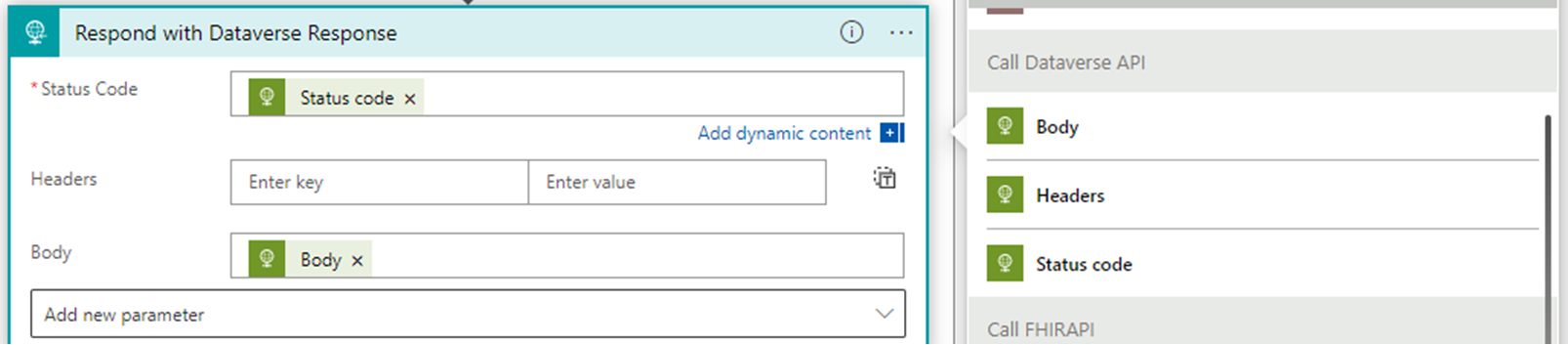 Et skærmbillede, der viser konfigurationen af svaret med Dataverse-responshandling.