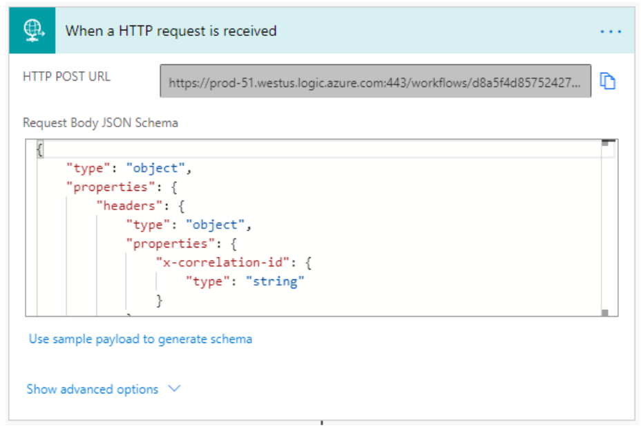 Skærmbillede af udløseren for modtagelse af en HTTP-anmodning.