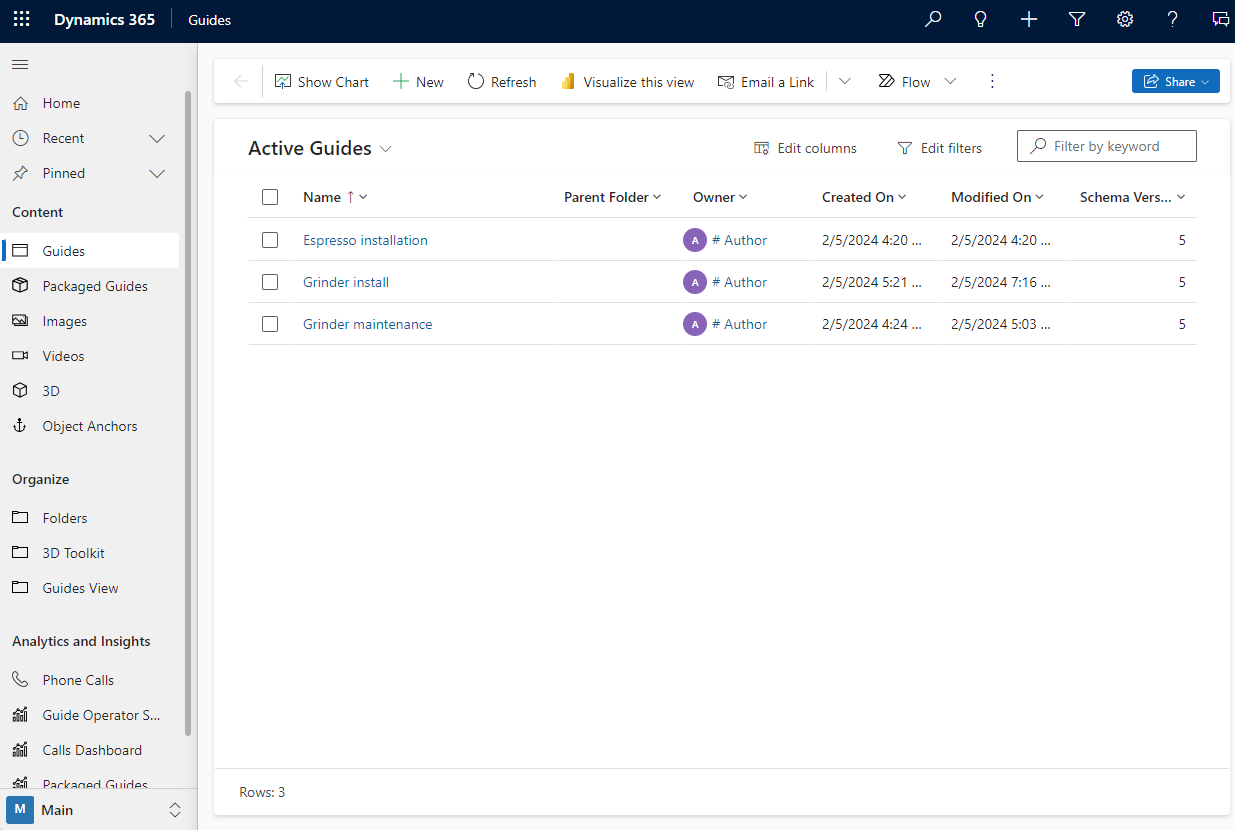 Skærmbillede af Power Apps skærm, der viser Guider modeldrevet app.