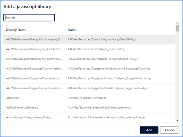 Et skærmbillede, der viser en liste over JavaScript-biblioteker, der skal føjes til en prognose.