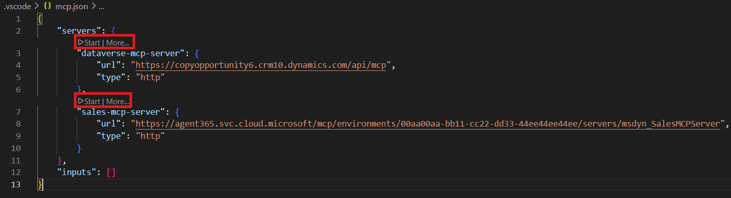 Skærmbillede af MCP-serverens startknap i Visual Studio Code