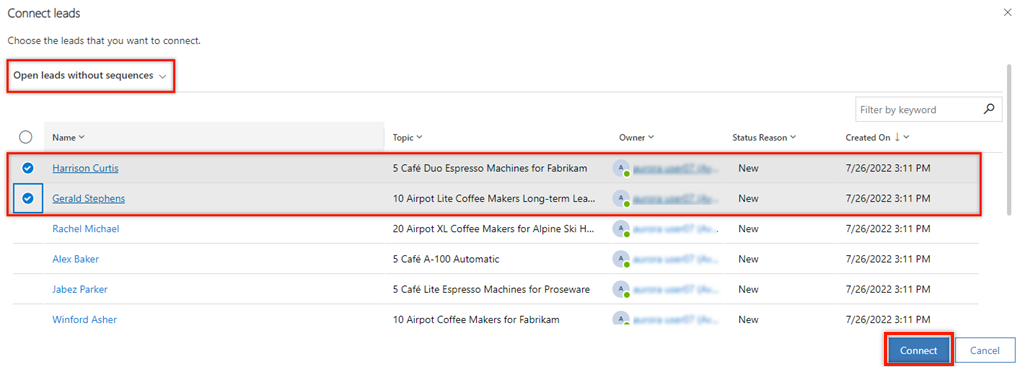 Vælg kundeemner, der skal oprettes forbindelse til Vælg kundeemner, der skal oprettes forbindelse til
