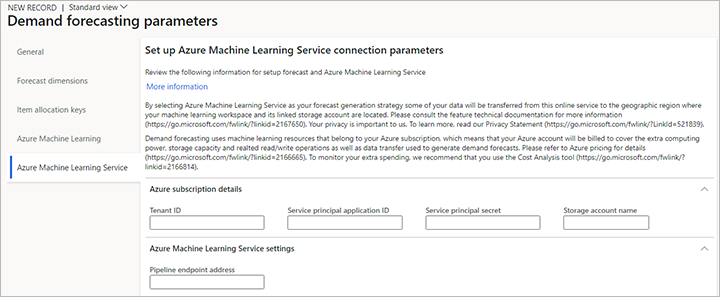 Parametre under fanen Azure Machine Learning Service på siden Parametre til behovsprognoser Parametre under fanen Azure Machine Learning Service på siden Parametre til behovsprognoser.