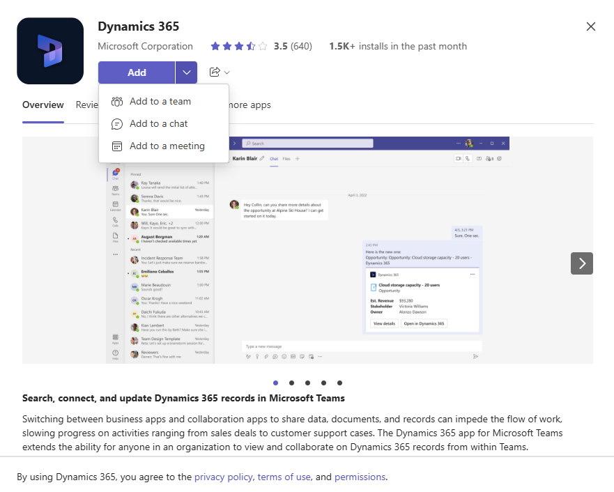 Skærmbillede, der viser muligheder for at tilføje Dynamics 365 app.