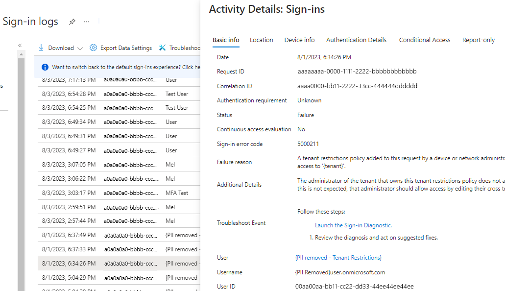 Screenshot showing activity details for a failed sign-in.