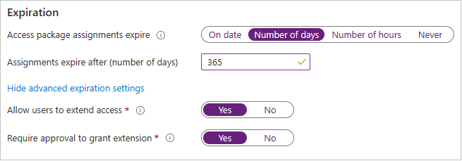 Access package - Lifecycle Expiration settings