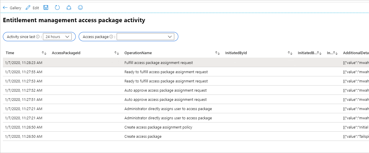 Screenshot that shows the access package events.