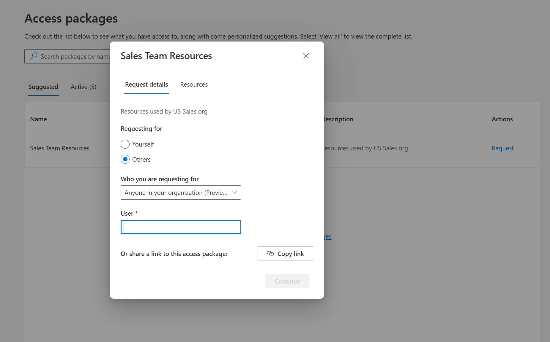 Screenshot of selecting Anyone in your organization when requesting an access package on behalf of another user.
