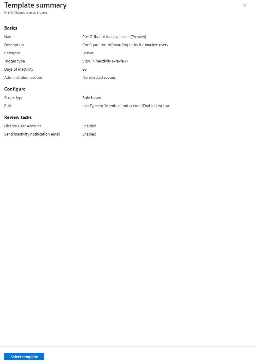 Screenshot of the pre-offboard inactive users template.