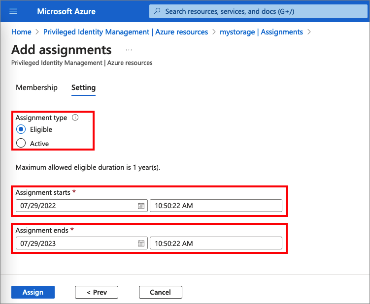 Screenshot of add assignments settings pane.