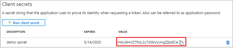 Screenshot showing the client secret value.