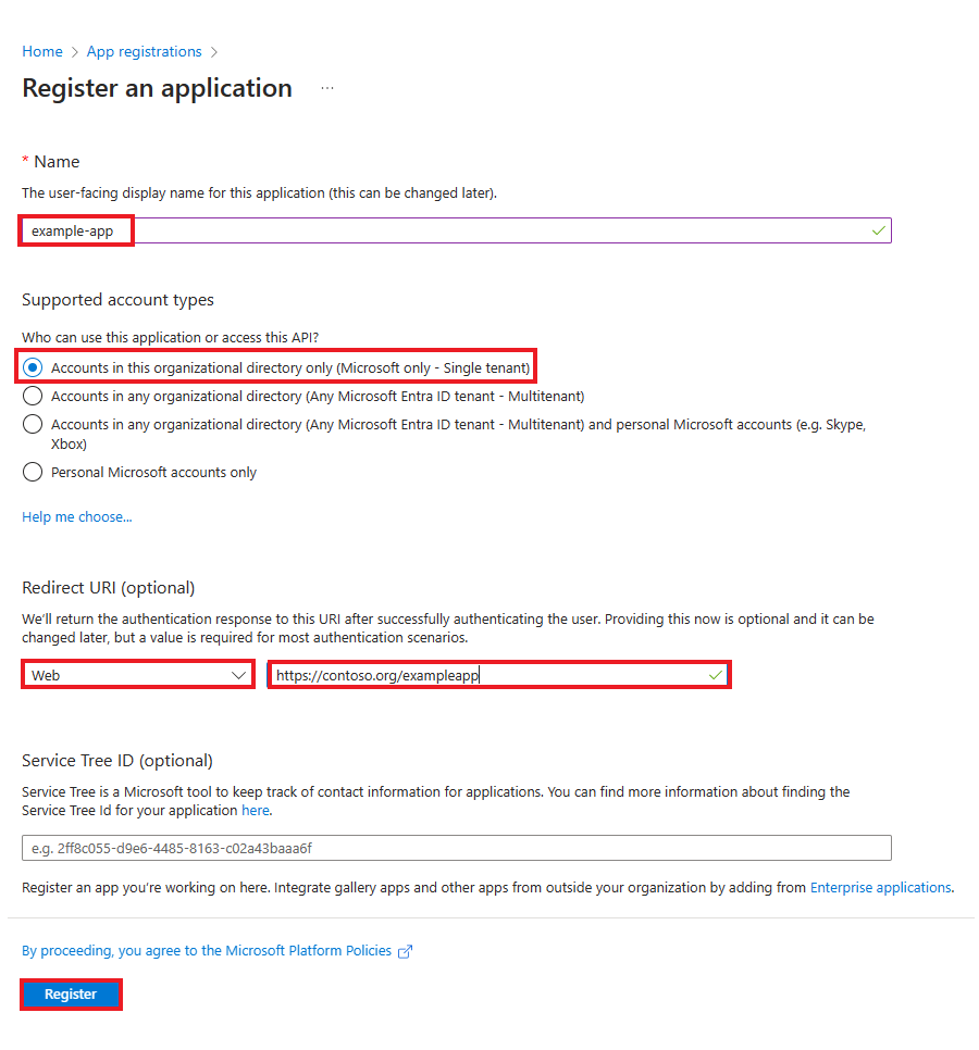 Screenshot showing the application registration page.