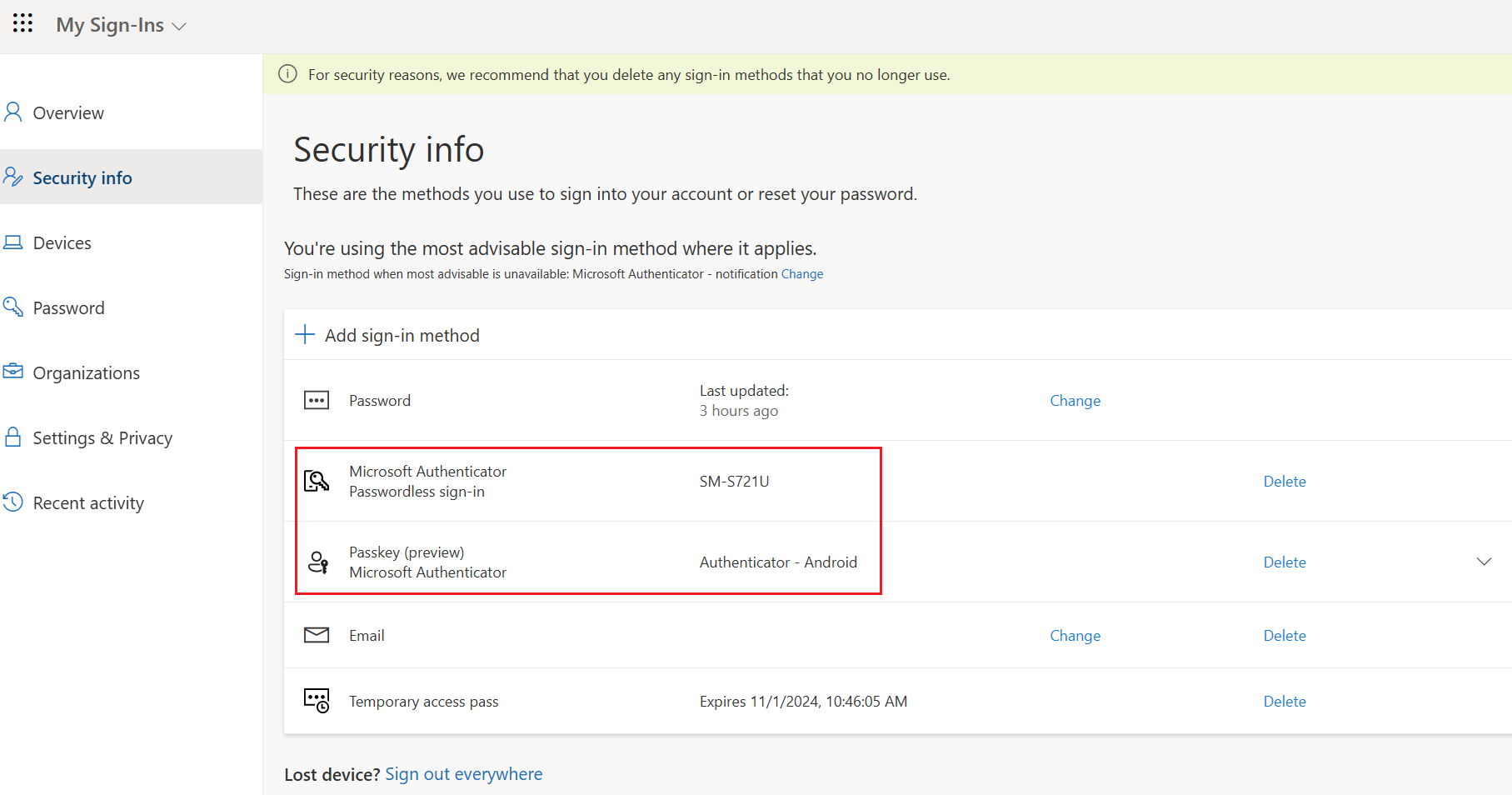 Screenshot that shows a new passkey on Android sign-in method in **Security info** on your other device.