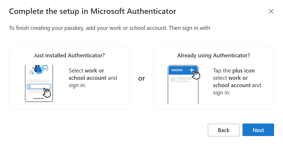 Screenshot that shows the wizard used to complete the passkey setup in Authenticator.