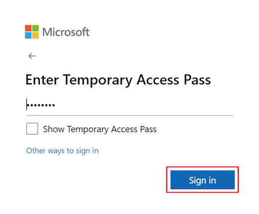 Screenshot that shows how to enter a temporary access pass on a laptop at 80%.