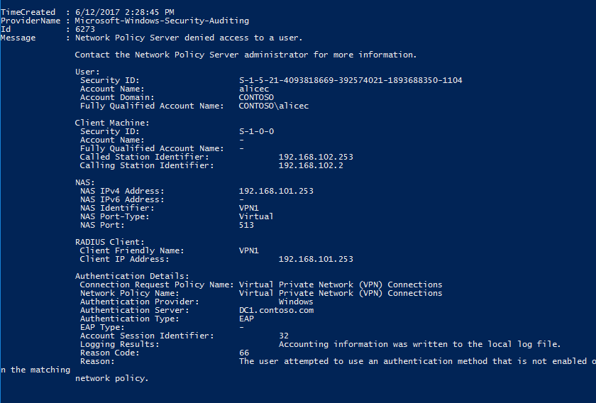 Security log showing a failed sign-in event