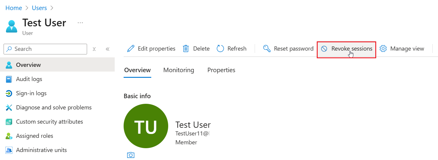 Screenshot of how to revoke sessions for a user in the Microsoft Entra admin center.