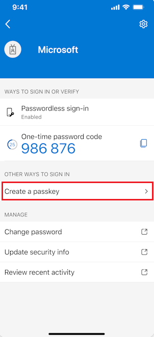 Screenshot that shows how to create a passkey in Authenticator for iOS devices.