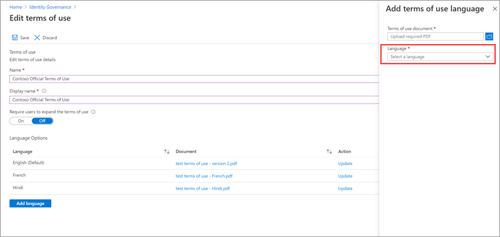 A screenshot showing terms of use selected and showing the languages tab in the details pane.