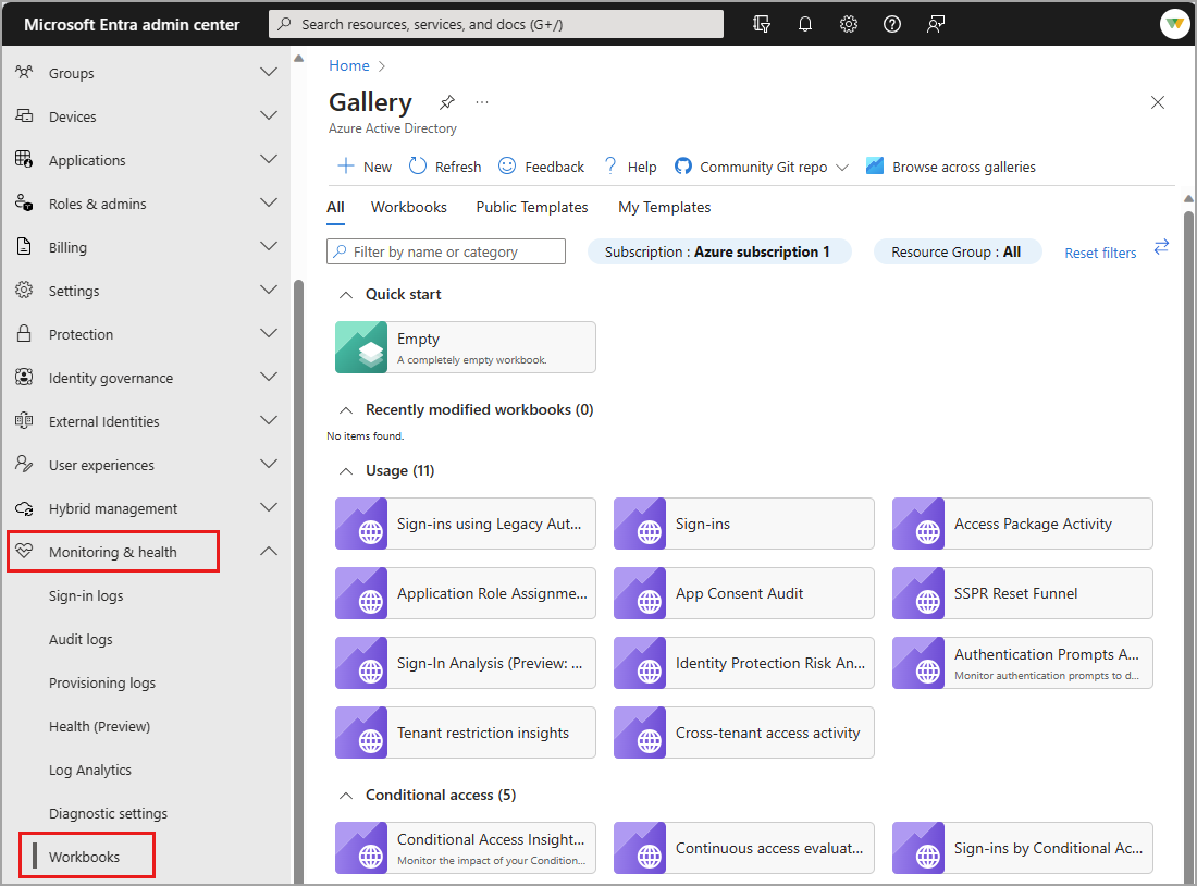 Screenshot of the Microsoft Entra workbooks with navigation steps highlighted.