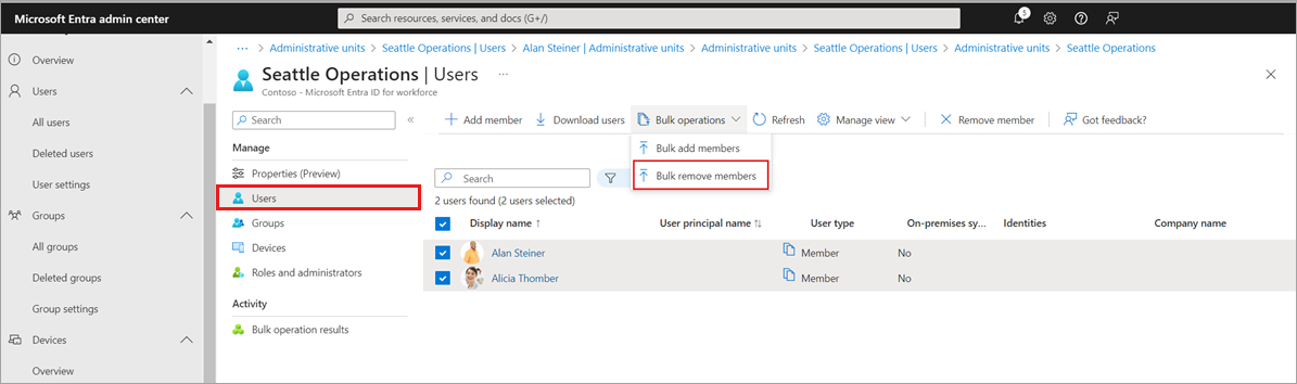 Screenshot showing the "Bulk remove members" link on the "Users" pane.