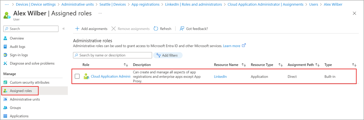 Role assigned to the user scoped to an app registrations in Microsoft Entra ID.