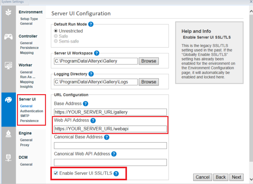Settings Screenshot shows Settings for the configuration.