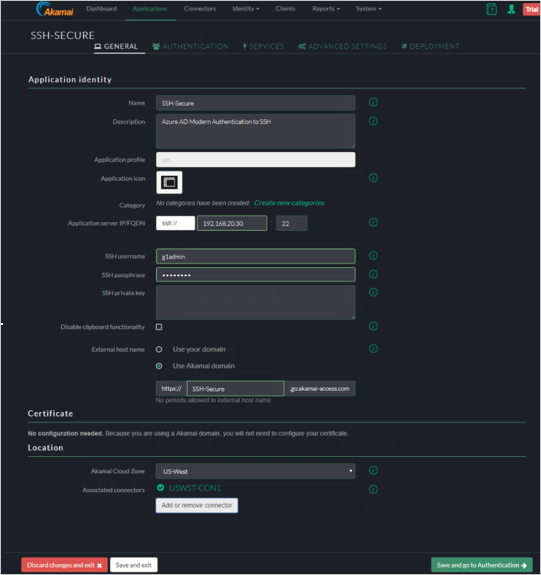 Screenshot of the Akamai EAA console General tab showing Application identity settings for SSH-SECURE.