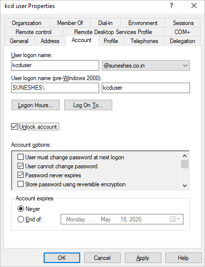 Screenshot that shows the "kcd user Properties" window with the "Account" tab selected.