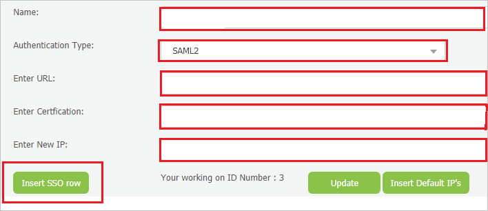 Screenshot shows the Manage Single sign on page where you can enter the values described.