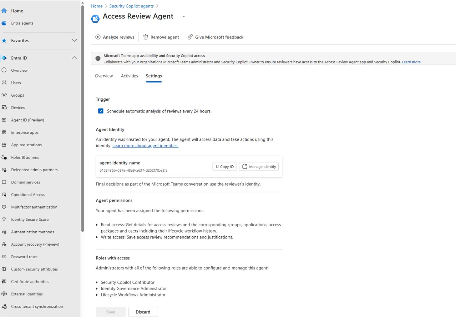 Screenshot of the access review agent identity page.