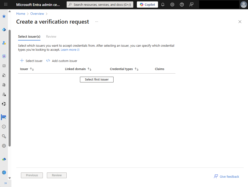 Screenshot of create a verification request.