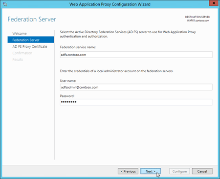 Enter the credentials for the AD FS server on the Federation Server page in the Web Application Proxy Configuration Wizard.