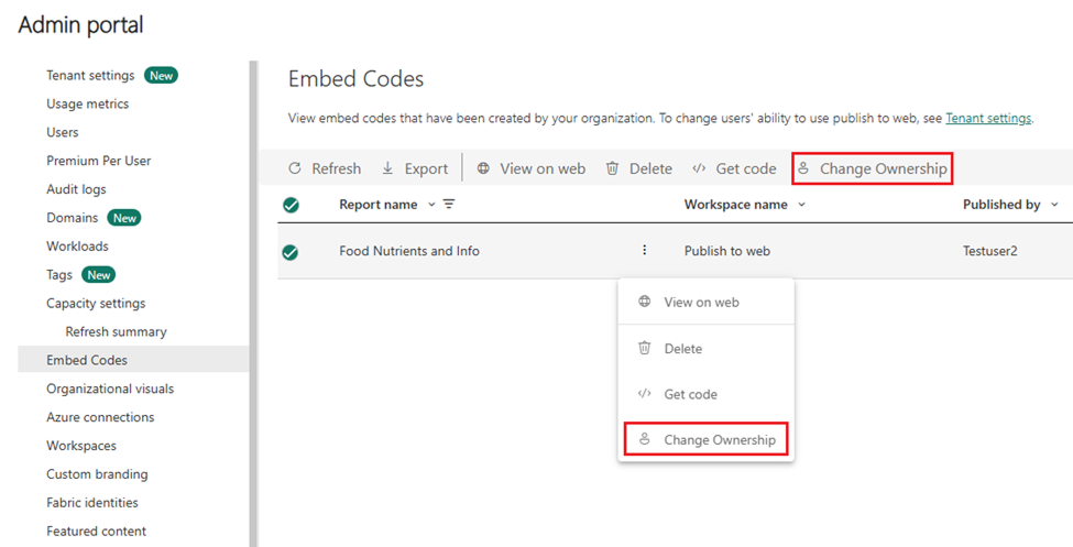 Skærmbillede af knappen og menuen Skift ejerskab, der er fremhævet.