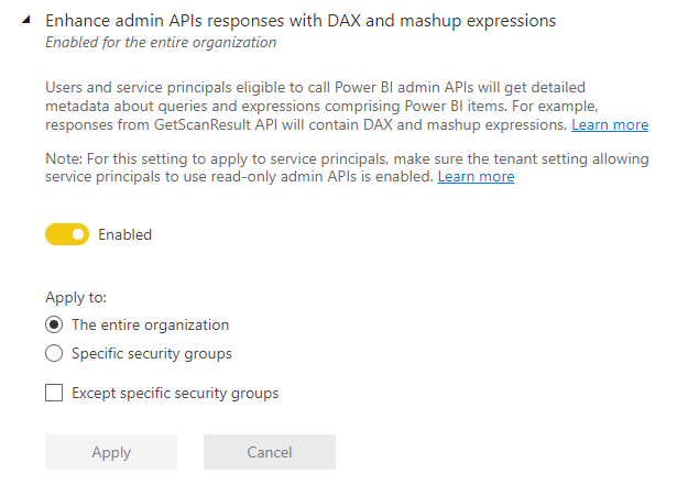 Skærmbillede af Enhance Admin API-svar med DAX og mashup-udtryk lejerindstilling.