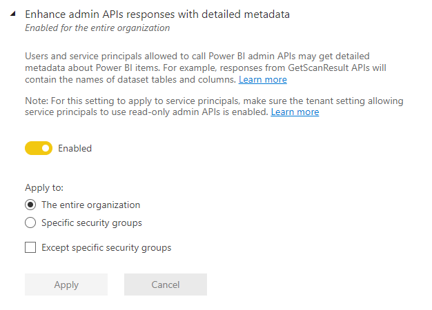 Skærmbillede af svar på Enhance Admin API med detaljeret metadata-lejerindstilling.