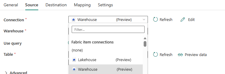Skærmbillede af valg af en Data Warehouse-forbindelse i pipelines.