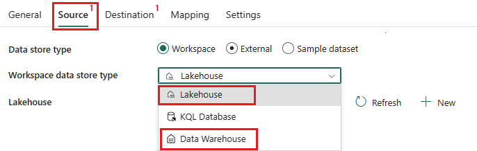 Skærmbillede, der viser fanen med datakilden lakehouse og data warehouse.