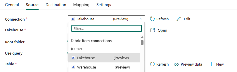Skærmbillede af valg af en Lakehouse-forbindelse i rørledninger.