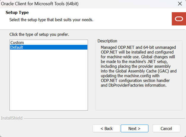 Skærmbillede, der viser siden konfigurationstype for Oracle-klient.