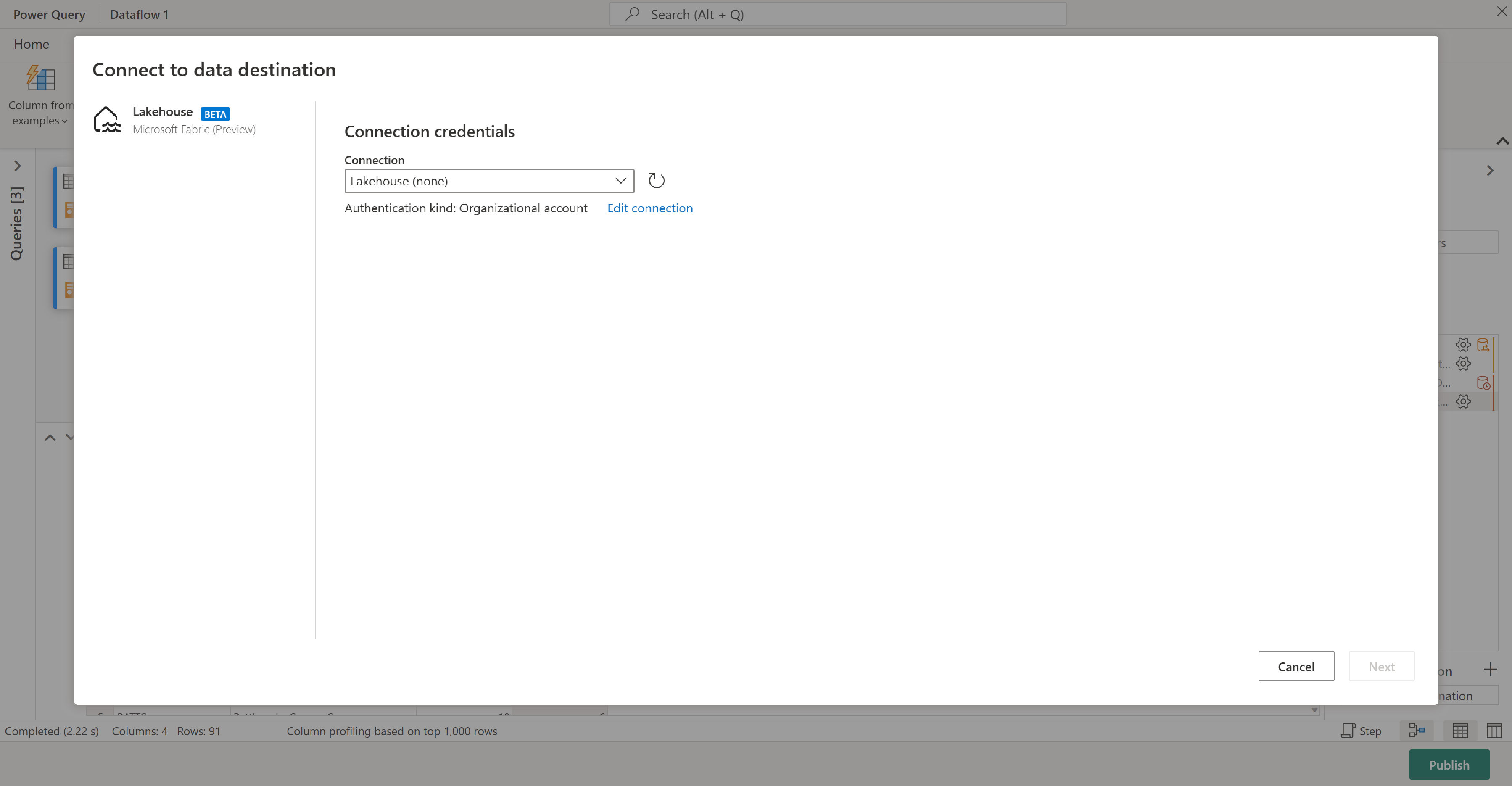 Screenshot of the Connect to data destination window with lakehouse selected.