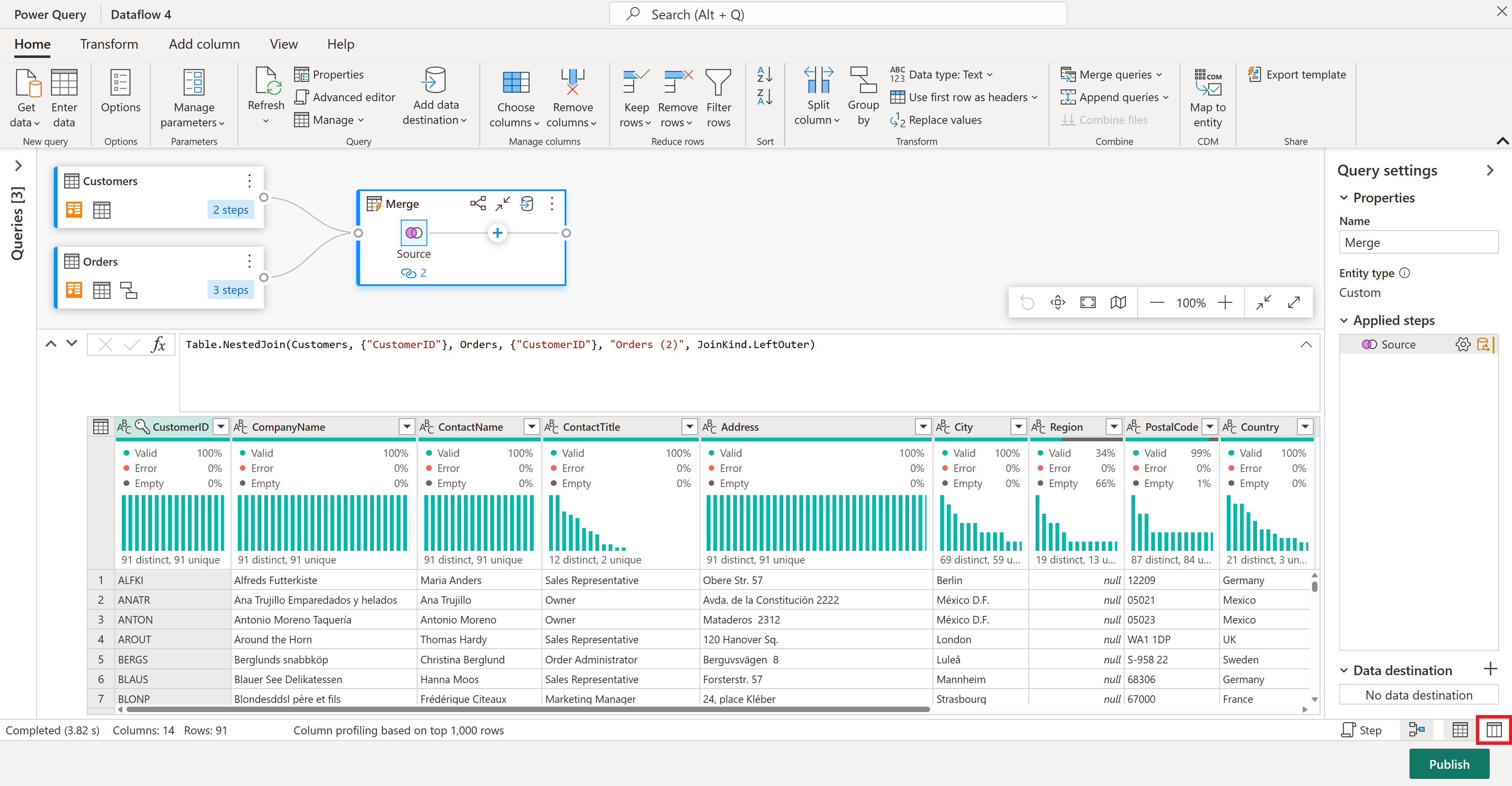 Screenshot of the dataflows editor with the schema view button emphasized in the bottom-right corner.
